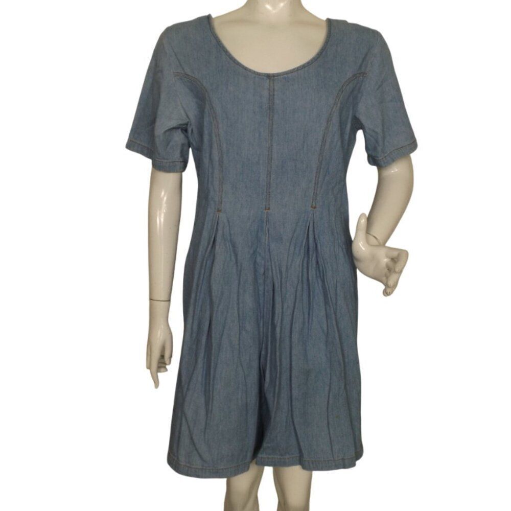 Vintage BILL BLASS Romper, L, Light Blue Denim, Wide leg, short sleeves, Zipper